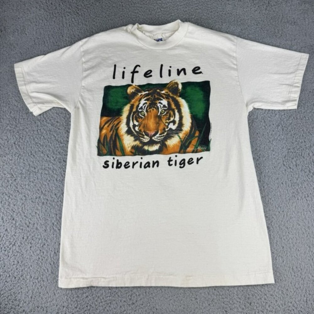 Vintage Lifeline Siberian Tiger Maria Macey 90s Art T-Shirt Mens M White Hanes